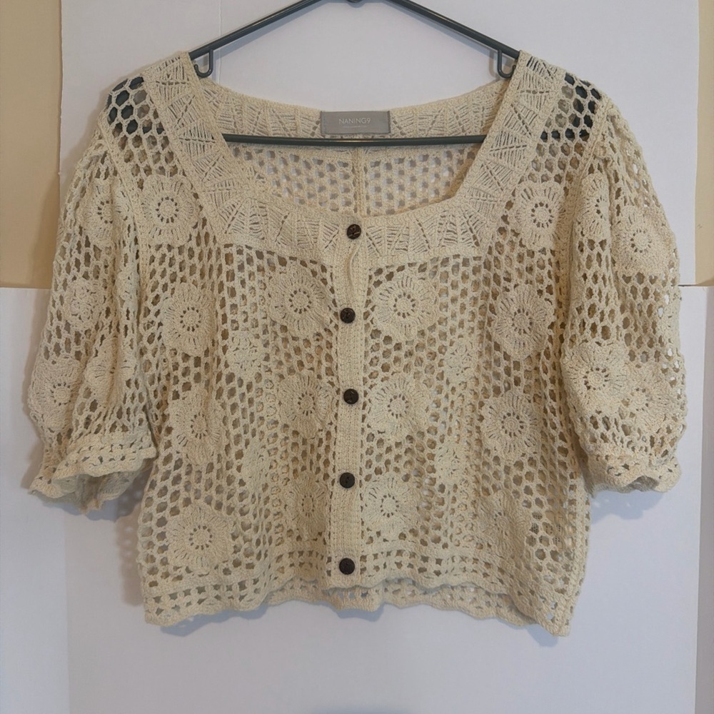Chic Cream Crochet Button-Up Blazer - Picture 8 of 9